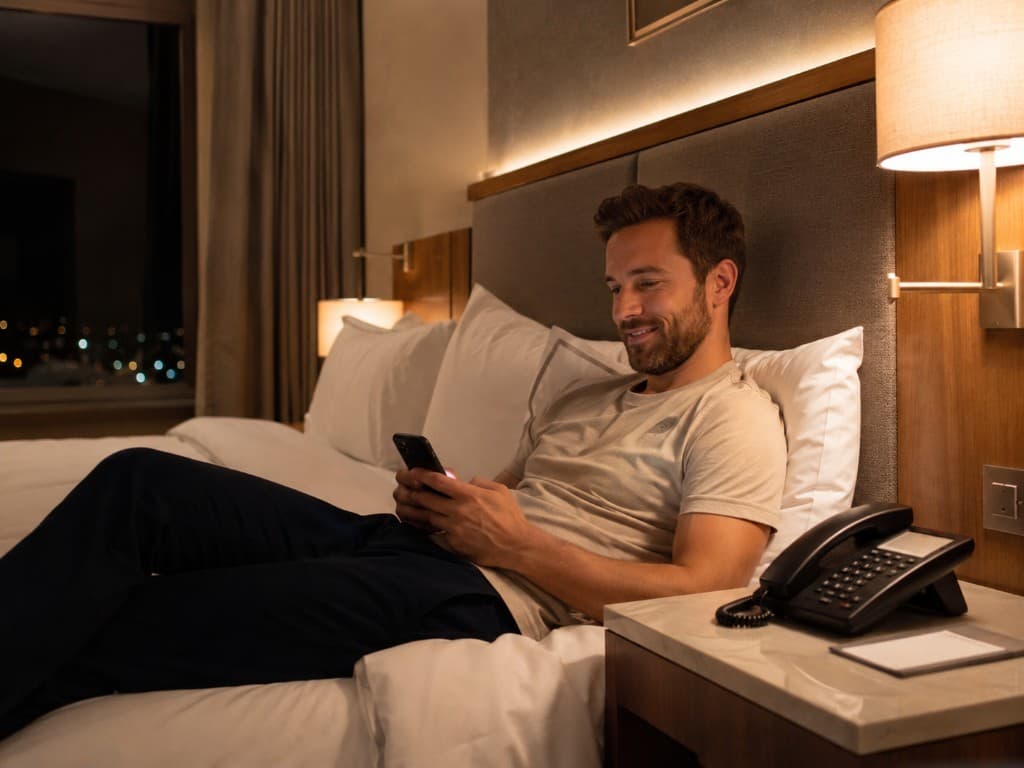 Host v apartmánu hledá informace na telefonu