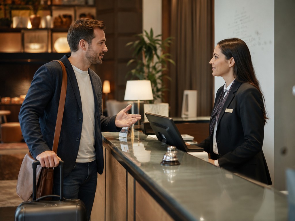 Recepce hotelu, kde se opakují stejné dotazy hostů